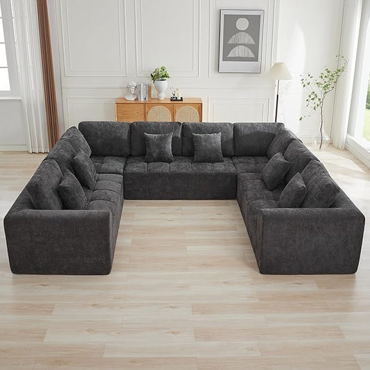 140''Modular Sectional Couches for Living Room, Cloud Boneless Compressed Sectional Sofa, Oversized U Shaped 8 Seater Upholstered Memory Foam Sofa, No Assembly, Chenille Grey