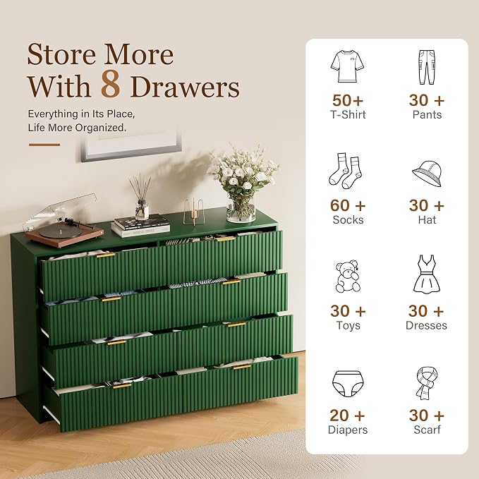 Furniway Green Dresser for Bedroom, Modern Dresser with 8 Drawers and Smooth Slides, Wide Chest of Drawers with Golden Handles for Bedroom, Closet, 15.7" D x 55" W x 37.4" H