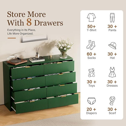Furniway Green Dresser for Bedroom, Modern Dresser with 8 Drawers and Smooth Slides, Wide Chest of Drawers with Golden Handles for Bedroom, Closet, 15.7" D x 55" W x 37.4" H