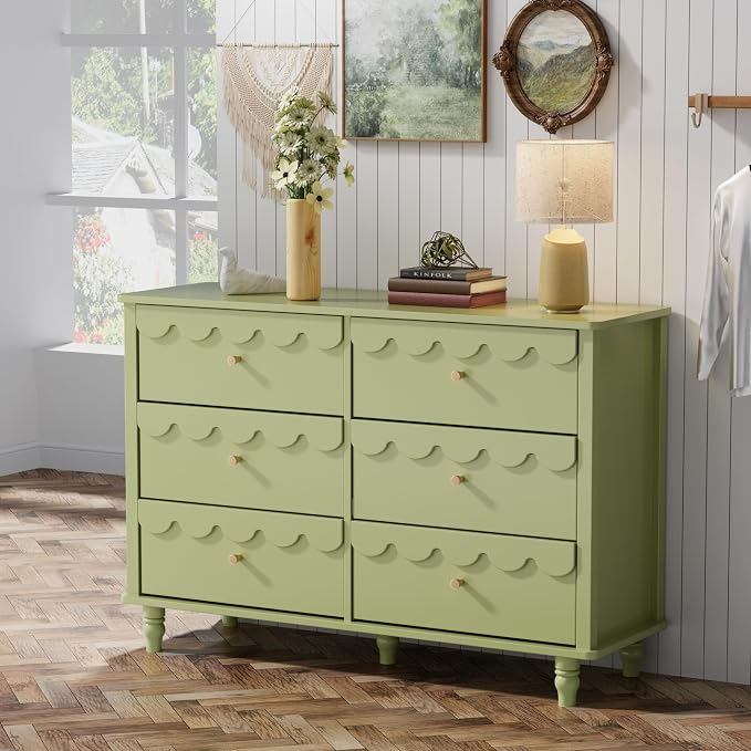 Anbuy Bedroom Sets 3 PCS Scalloped 6 Drawer Dresser and Night Stand Sets for Bedroom, Two Drawers Nightstand Set of 2 & 6 Drawer Dresser Combo 3 Pieces (Green)