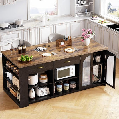 IBF 71" Large Kitchen Island with Storage, Rustic Wood Island Table with Seating for 4-6, Stationary Island Cabinet with Drawers, Fridge Space, Modern Counter Height Island Bar, Rustic Brown and Black