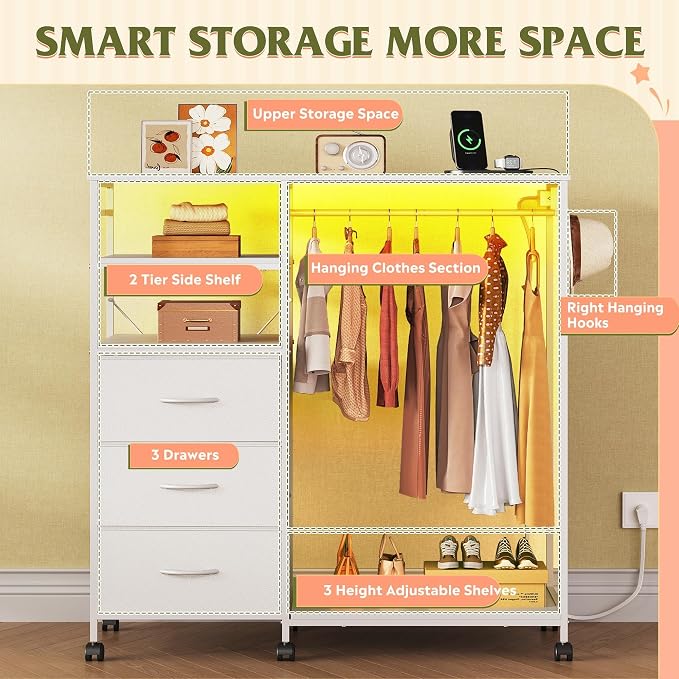 WLIVE White Dresser with Hanging Rack for Bedroom, 3 Drawer Dresser with LED Lights & Charging Station, Fabric Dressers & Chest of Drawers, Storage Organizer with Open Shelves for Living Room