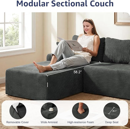Hobestluk Modular Sectional Sofa Couches L-Shape Couch 3 Seat Modular Sofa Memory Foam Sectional Couches for Living Room, Cloud Couch with Oversized Chaise (Grey Corduroy, 96", Left Hand Facing)