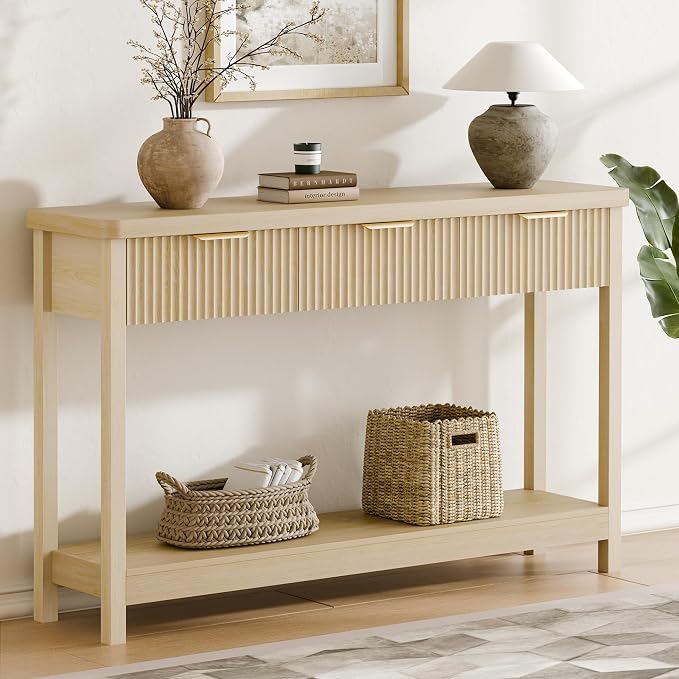 Lulive Fluted Console Table, 51 Inch Entryway Table with 3 Drawers | Scandi farmhouse look with quiet full-extension slides, open lower shelf, profile for hallway, entry, foyer or behind sofa.