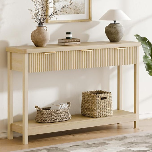 Lulive Fluted Console Table, 51 Inch Entryway Table with 3 Drawers | Scandi farmhouse look with quiet full-extension slides, open lower shelf, profile for hallway, entry, foyer or behind sofa.
