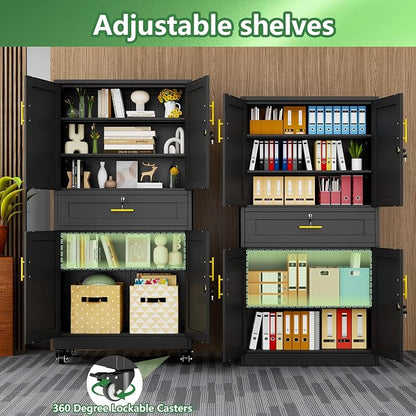 Lockable Metal Storage Cabinet, 71" Tall Black Cabinet with Wheels | Garage Storage Cabinet with Drawers, 3 Adjustable Shelves and Lock, Steel Construction – Suitable for Office, Home, School