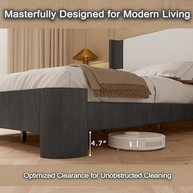 King Size Upholstered Platform Bed Frame with Wingback Headboard, Motion-Sensing LED Lights, Sturdy Slats, Mattress-Lock Footboard, PU Leather,No Box Spring Needed, Easy Assembly, Dark Grey Oak