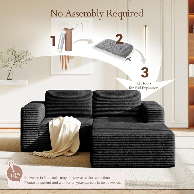 Vesgantti 80" Modular Sectional Sofa, Corduroy Cloud Couch with Deep Seats & Spring Support, Compact 2 Seater Boneless Couch, L-Shaped Modular Sofa for Small Spaces, Apartments, No Assembly, Black