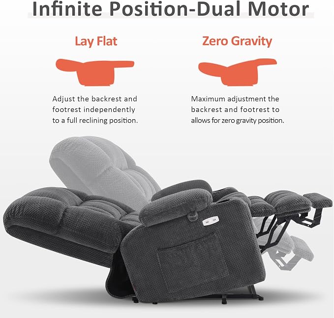 MCombo Oversized Power Lift Recliner Chair for Elderly, Dual Motor Lift Chair with Heat and Massage, Lay Flat Lift Chair for Big and Tall, Cup Holders, Fabric R7891 (Large-Wide, Dark Gray)