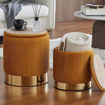 Round Ottoman with Storage Set of 2 Small Ottoman Coffee Table, Vanity Chair Foot Stool, Removable Lid, Hidden Storage, for Living Room, Bedroom, Hallway, Assembly Free (Orange)