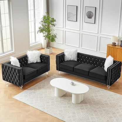 60" Chesterfield Sofa, Velvet Mid-Century Modern Upholstered Loveseat Sofa with 2 Throw Pillows and Acrylic Legs, Nailhead Button Tufted Vintage Couch for Living Room, Apartment, Black