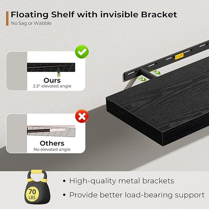 Fun Memories 72 Inch Floating Shelves for Wall, Fireplace Mantel Shelf with Invisible Heavy Duty Bracket, 8 Inch Deep Storage Shelf for Living Room, Kitchen, Farmhouse, Black (2-Pack)