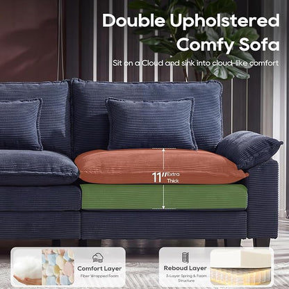 URRED Oversized Modular Sectional Sofa, 87" L Shaped Modern Comfy Cloud Couch with Movable Ottoman & Pillows, Deep Seat Couches for Living Room, Bedroom or Apartment (Corduroy Blue, 87" L Shaped)