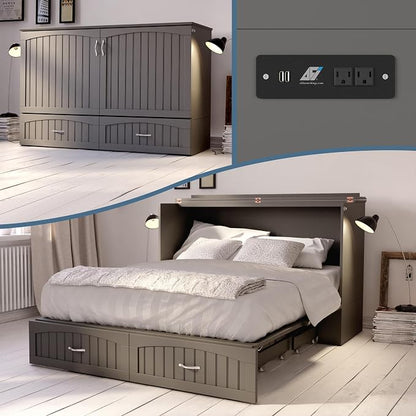 AFI, Southampton Murphy Bed Chest Queen with 6" Mattress, Storage Drawer & Built-in USB Charger, Grey