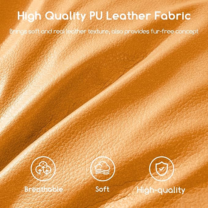HIGOGOGO Round Stuffed Pouf Ottoman, Pu Leather Poufs with Foam Chunk Filling, Furry and Fluffy Pouf Foot Stool Storage Ottoman, 20 X 15 Floor Poufs Foot Rest for Living Room, Orange
