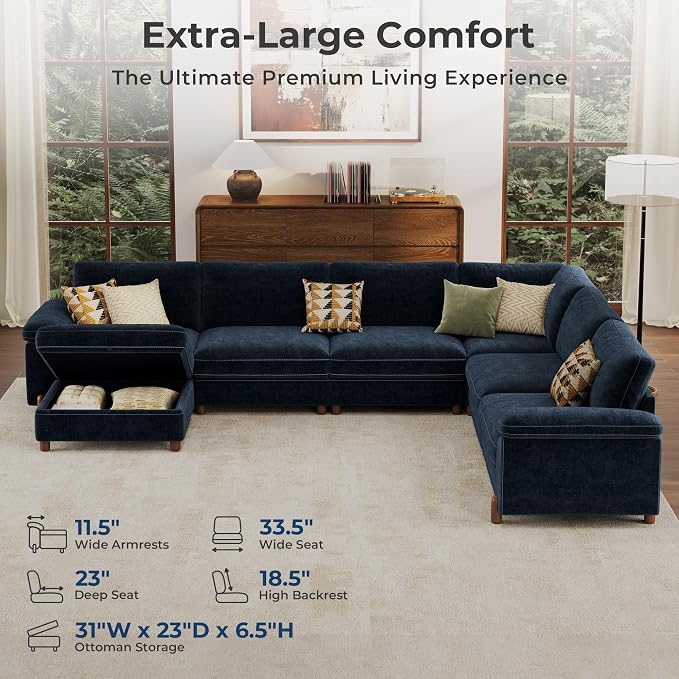 SITJOY Large Cloud Couch, 138" Wide 6 Seater U Shape, Chenille in Navy Blue | Detachable and Washable Chenille Cover Sectional Sofas for Living Room, Deep Seat Wide Couch with Chaise, Storage Ottoman