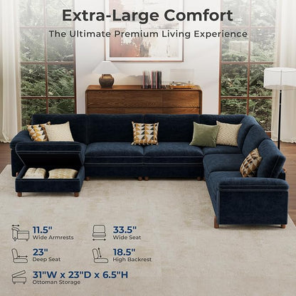 SITJOY Large Cloud Couch, 138" Wide 6 Seater U Shape, Chenille in Navy Blue | Detachable and Washable Chenille Cover Sectional Sofas for Living Room, Deep Seat Wide Couch with Chaise, Storage Ottoman