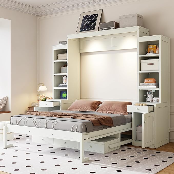 Merax Queen Size Murphy Bed with Desk and Lights, Power Outlet, Foldable Murphy Cabinet Bed with Open Storage Shelves & Drawers, Wood Space-Saving Hidden Wall Bed for Guest Room Office, Antique White