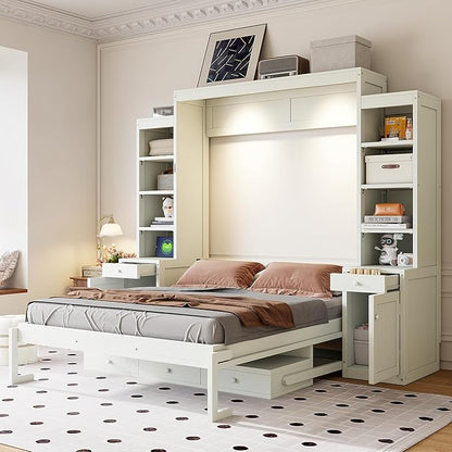 Merax Queen Size Murphy Bed with Desk and Lights, Power Outlet, Foldable Murphy Cabinet Bed with Open Storage Shelves & Drawers, Wood Space-Saving Hidden Wall Bed for Guest Room Office, Antique White