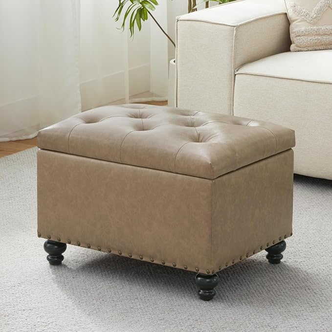Zihanhome Leather Ottoman with Storage, Upholstered Button Tufted Ottoman Foot Rest, Foot Stools, 24" Rectangle Ottomans with Storage for Living Room, Bedroom, Dorms and Apartments (Taupe Brown-PU)