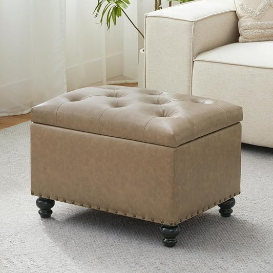 Zihanhome Leather Ottoman with Storage, Upholstered Button Tufted Ottoman Foot Rest, Foot Stools, 24" Rectangle Ottomans with Storage for Living Room, Bedroom, Dorms and Apartments (Taupe Brown-PU)