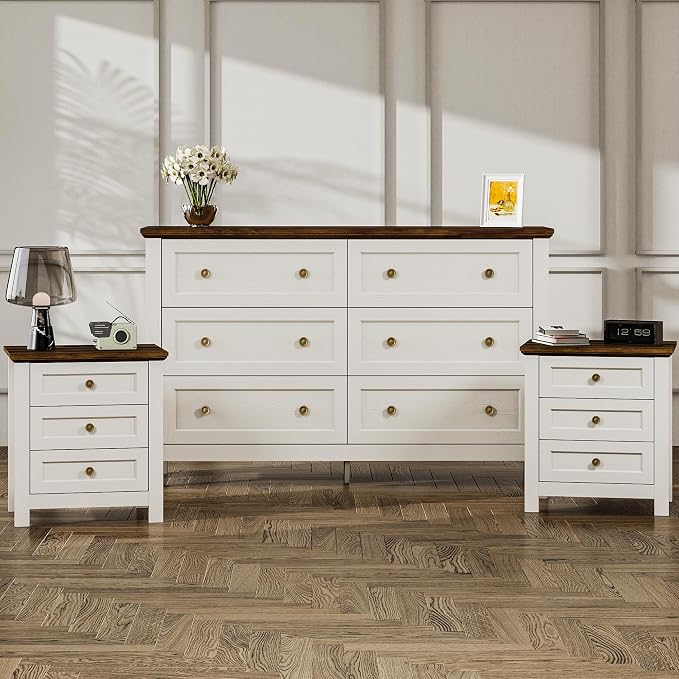 Farmhouse Dresser Nightstand Sets, 3-Piece Bedroom Furniture Set for Home | 6 Drawer Dresser Closet & 3 Drawer Nightstand Set of 2, Chest of Drawers for Bedroom, Living Room, Entryway, Antique White