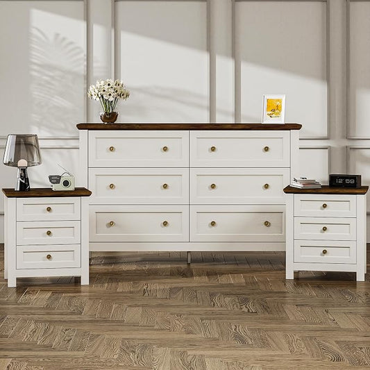 Farmhouse Dresser Nightstand Sets, 3-Piece Bedroom Furniture Set for Home | 6 Drawer Dresser Closet & 3 Drawer Nightstand Set of 2, Chest of Drawers for Bedroom, Living Room, Entryway, Antique White