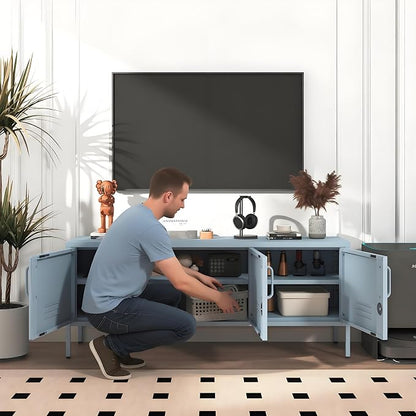 Metal Storage Cabinet-22"Tall Steel TV Stand Cabinet Adjustable Shelves storage locker Lockable Blue Metal Cabinet for Home Office Bedroom Living Room Balcony Entryway Size：22" H X 47.3" W X 13.8" D