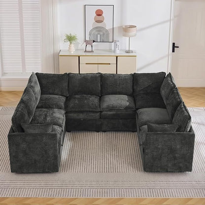 105" Dark Grey Oversized Modular Storage Sofa, U Shaped Chenille Couch | Oversized Convertible Sectional Sofa, 8-Seat Sectional Couch With Armrests, Large Cloud Couch For Living Room, Apartment.