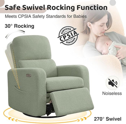Power Swivel Rocker Recliner, Oversized Electric Boucle Recliner Chair, Teddy Swivel Glider Nursery Reclienr with Removable Cushion, Upholstered Recling Chair for Living Room Bedroom, Green