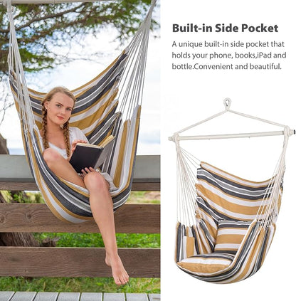 SUNCREAT Hammock Chair Swing with Steel Support Bar, Side Pocket, Large Hanging Chair Outdoor, Max 450lbs Capacity, Coffee Stripes
