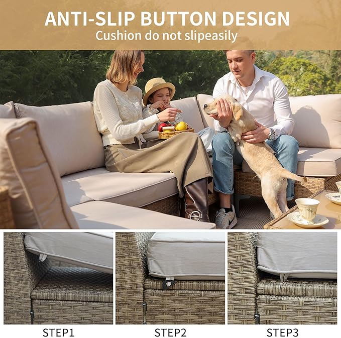 JOYURE 7 Piece Wicker Patio Furniture Set,Outdoor Conversation Sectional Sofa w/Coffee Table,All-Weather Outdoor Sofa with Thick and Anti-Slip Cushions for Deck,Poolside,Garden,Beige