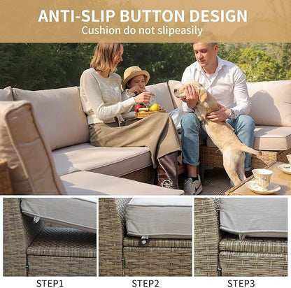 JOYURE 5 Piece Wicker Patio Furniture Set,Outdoor Conversation Sectional Sofa w/Coffee Table,All-Weather Outdoor Sofa with Thick and Anti-Slip Cushions for Deck,Poolside,Garden,Beige