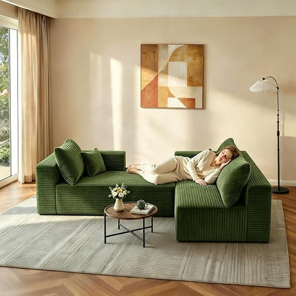 JINGLING 94" L Shape Couch with Right Chaise, Memory Foam Boneless Sectional Sofa in a Box, No Assembly Modular Small Couches for Small Spaces, Living Room, Apartments, Plush Corduroy, Green