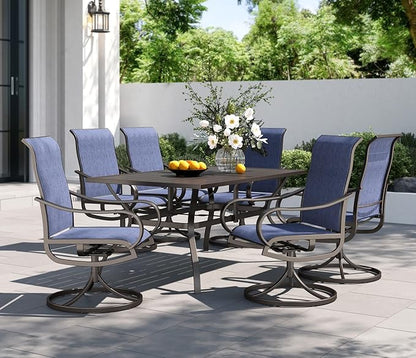 PHI VILLA 7 Piece Outdoor Patio Dining Set, Large Metal Table (1.57'' Umbrella Hole) and 6 Swivel Dining Chairs with Textilene Mesh Fabric, All Weather Patio Furniture Set for Deck Lawn Garden (Blue)