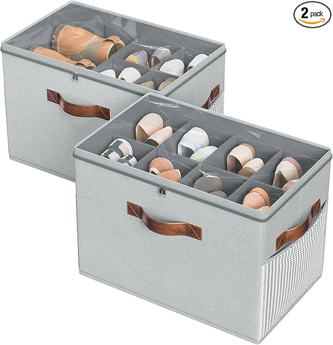 Budding Joy 2 Pack Shoe Organizer for Closet, Clear Foldable Shoe Storage Containers Adjustable Dividers Fits 16 Pairs,Shoe Storage Bins Baskets Boxes with Reinforced Handles Light grey | Farbic shoe storage organizer box bin with clear cover, fits up ...