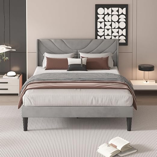 VECELO Upholstered Platform Queen Bed Frame with Fabric Headboard,Wooden Slats Support/No Box Spring Needed/Mattress Foundation,Dark Grey