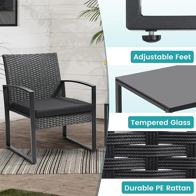 3 Piece Outdoor Wicker Bistro Set, Rattan Patio Conversation Set with Coffee Table & Washable Cushions for Porch Yard Balcony, Black/Black
