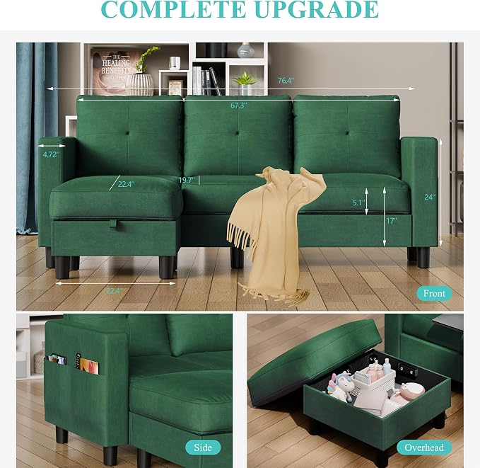 Shintenchi 76" Modern Upholstered Sectional Sofa Couch,L-Shaped Convertible Sofa with Storage Ottoman,Comfy Couches with Side Storage Pockets for Living Room,Green Linen Fabric