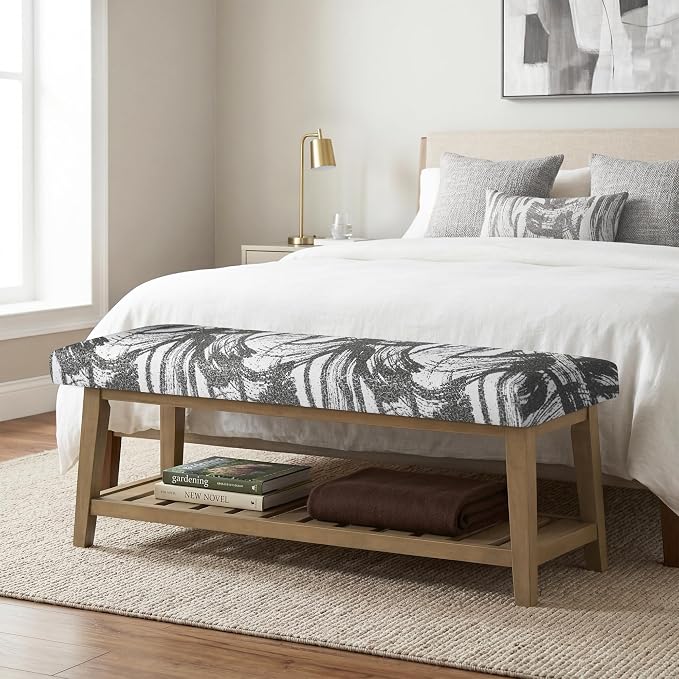 Entryway Bench with Cushion, Upholstered Shoe Rack Bench with Solid Wood Shelf, 44" End of Bed Bench for Bedroom, Chenille Fabric Storage Bench for Entryway, Hallway, Living Room (Textured Grey)