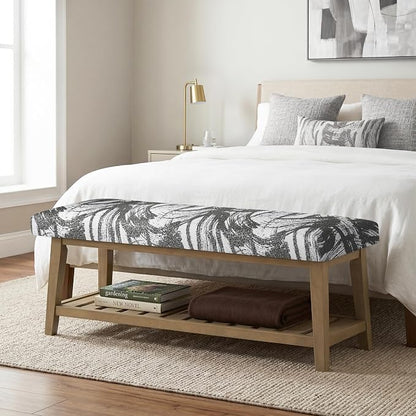 Entryway Bench with Cushion, Upholstered Shoe Rack Bench with Solid Wood Shelf, 44" End of Bed Bench for Bedroom, Chenille Fabric Storage Bench for Entryway, Hallway, Living Room (Textured Grey)