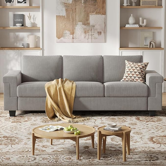 COPIAE 3 Seater Sofa Couch with Deep Seat, 90" Modern Upholstered Sofa with Armrests, Easy Installation, Comfy Couches for Living Room, Apartment, Light Grey