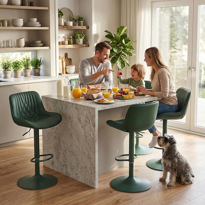 YOUTASTE Faux Leather Bar Stools Set of 2, All Dark Green Upholstered Counter Height Barstools with Back, Adjustable Swivel Stool Chair with Dark Green Metal Base for Home Kitchen Island