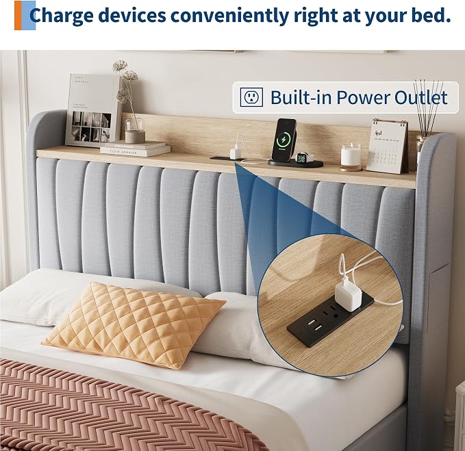 GarveeHome Upholstered Bed Frame with Storage Headboard and Charging Station, Platform Bed Frame with Drawers, Heavy Duty, No Box Spring Needed, Easy Assembly, Grey, Queen Size