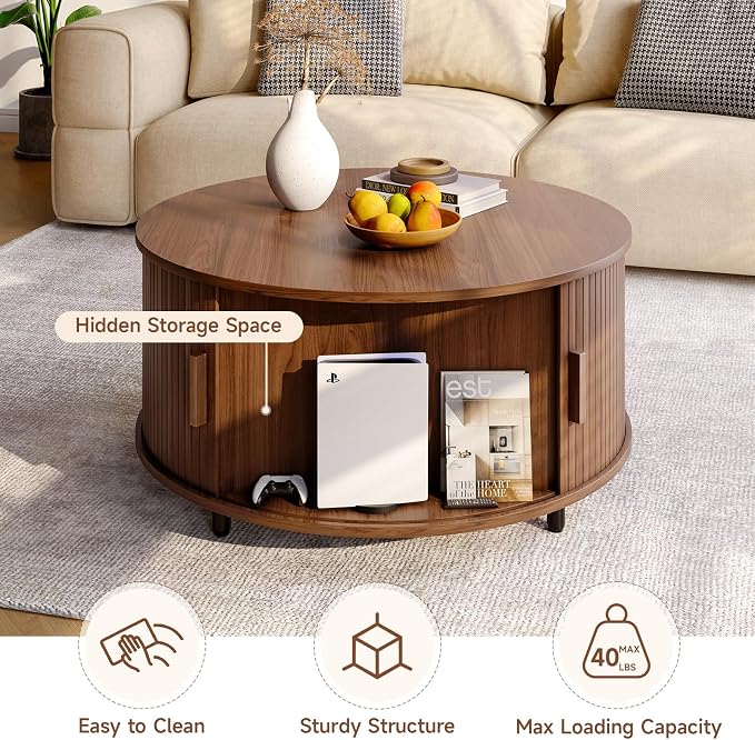 ONBRILL Round Coffee Table with Storage, 31.5" Modern Coffee Table with 360° Curved Sliding Door, Fluted Wood Accent Coffee Table with Adjustable Footpads, Round Center Table for Living Room, Walnut