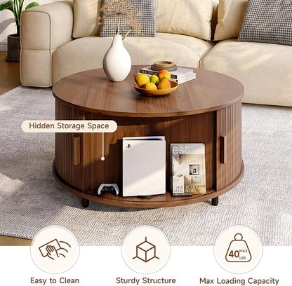 ONBRILL Round Coffee Table with Storage, 31.5" Modern Coffee Table with 360° Curved Sliding Door, Fluted Wood Accent Coffee Table with Adjustable Footpads, Round Center Table for Living Room, Walnut