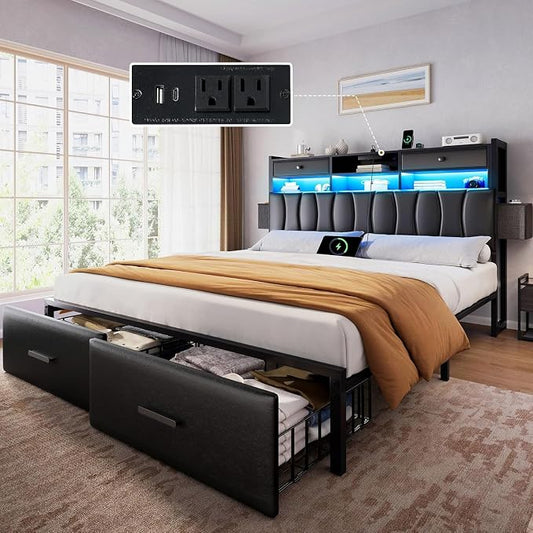 YITAHOME Queen Size with 2 Storage Drawers and Charging Station, Upholstered Bed with Storage Headboard and LED Light, Heavy Duty Metal Support, No Box Spring Needed, Noise Free, PU Leather Black