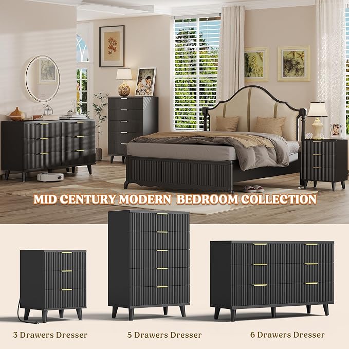 Lulive Wood Nightstand Set of 2 Fluted Dresser for Bedroom 3 Drawers Night Stand with Charging Station, Storage Modern Side Table Black