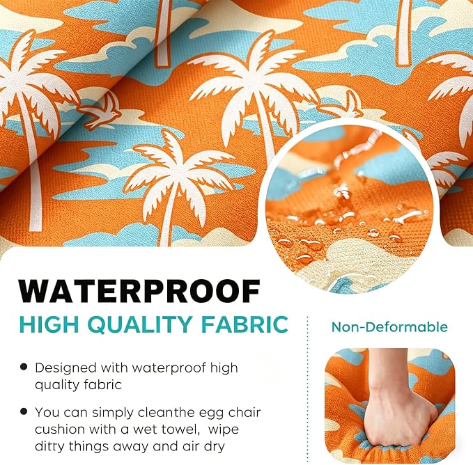 Egg Chair Cushion Replacement, Waterproof Thicken Hanging Egg Swing Chair Cushion for Outdoor Furniture, Wicker Rattan Hammock Basket Cushion with Headrest Pillow 47x31.5x4.7 inch(Orange Coconut Tree)