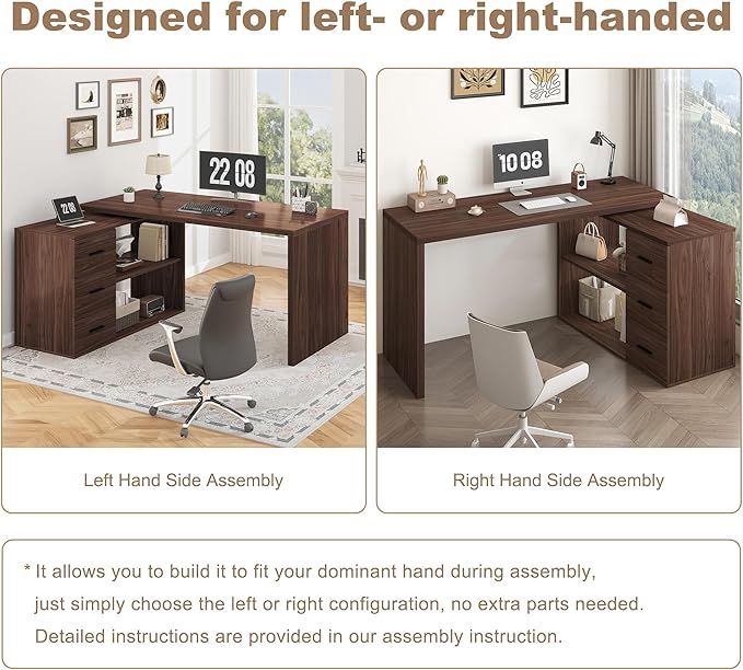 HSH L Shaped Office Desk with Drawers Shelves 55-76 Inch, Corner Computer Desk with Storage 360 Rotating Long for Work, Executive, Study, Writing, Teacher, Bedroom Modern Gaming Table, Walnut
